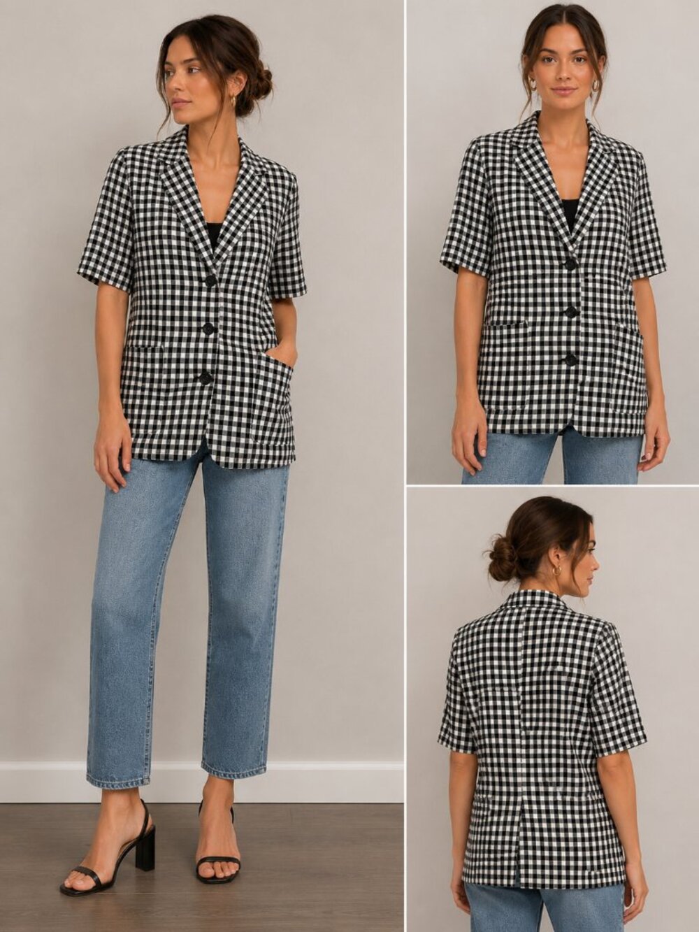 Oak + Fort Women's Black & White Gingham Short Sleeve Blazer Jacket - Size Small - Picture 1 of 6